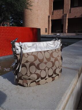 Coach Signature Shoulder Bag in Brown and Silver Metallic